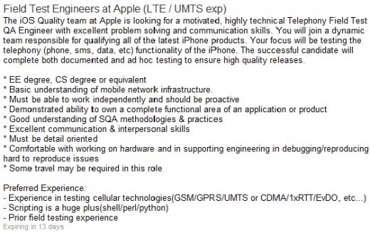 Apple Job Listing LTE iPhone 5